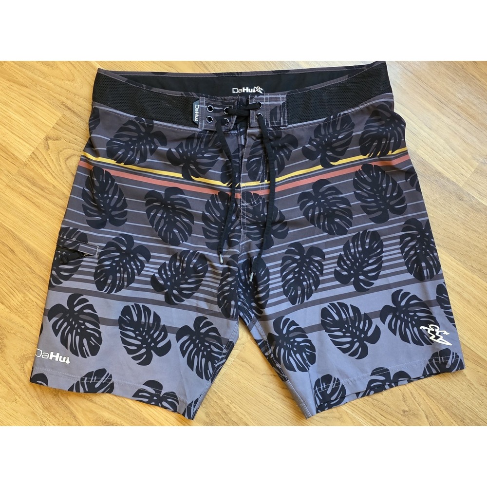 Da Hui Hawaii Mens Surf Board Shorts Black Grey Leaves Swim Trunks Size 36